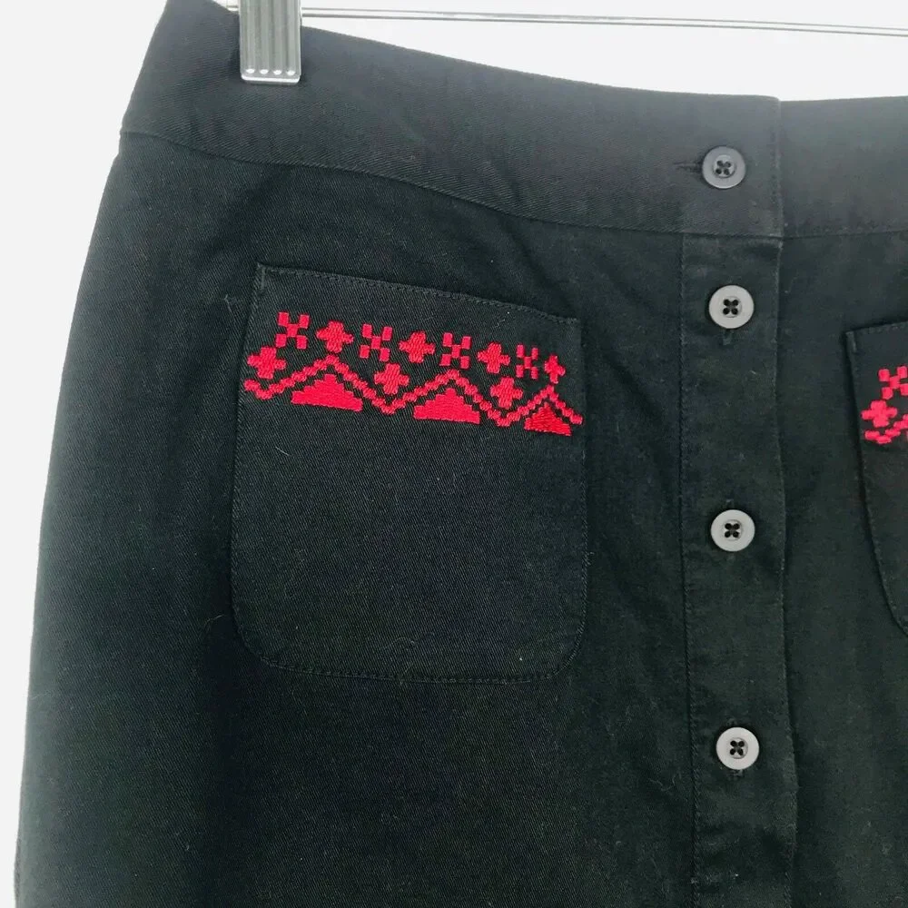 Ann Taylor Loft Skirt Women Size 4 Blue A-Line Button Front Red Embroidery